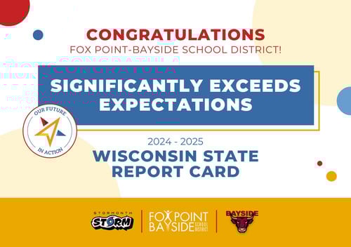 Graphic celebrating Fox Point-Bayside School District’s success, with the message 'Congratulations Fox Point-Bayside School District! Significantly Exceeds Expectations 2024-2025 Wisconsin State Report Card.' The design features the district's logo, a col