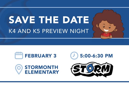 Save the Date graphic for a K4 and K5 Preview Night. The top section has a blue background with the text ‘Save the Date – K4 and K5 Preview Night’ next to an illustration of a smiling child with curly brown hair and a red shirt. The bottom section shows e