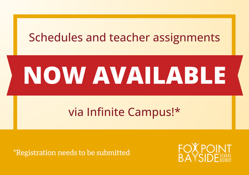 The header says “Get your registration done early!” with a message that students must be registered by August 14 to view their class schedules and teacher assignments in Infinite Campus.